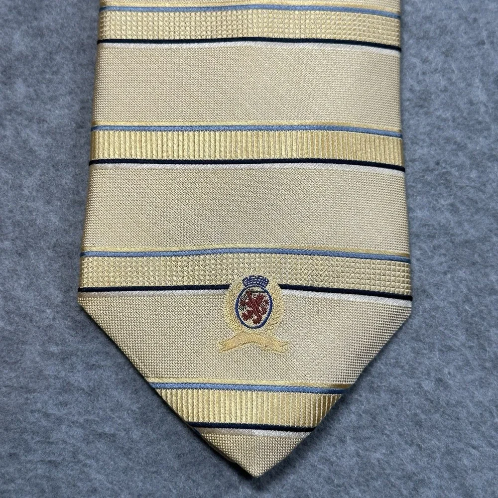 Vintage Tommy Hilfiger Silk Tie USA Gold Stripe Crest Logo Necktie‎ 57x3.5in